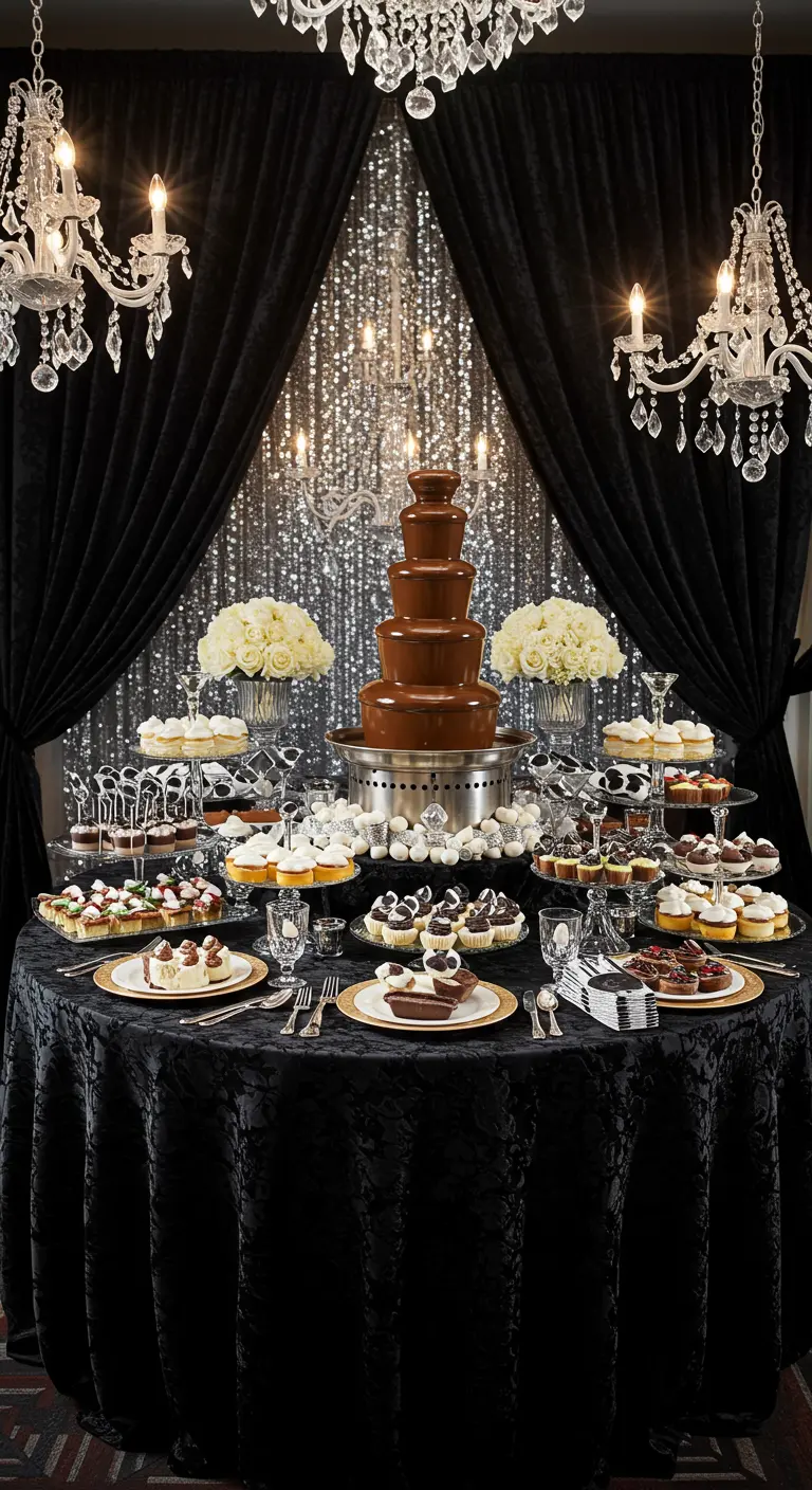 Mesa de postres con una fuente de chocolate, cortina de lentejuelas y dulces en blanco y negro.