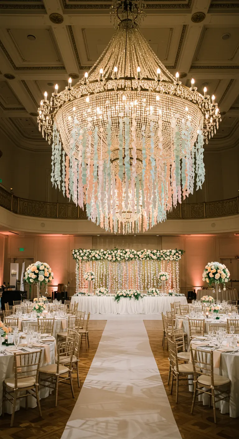 Impresionante lámpara de araña de la que caen cientos de cintas de papel crepé en tonos pastel.