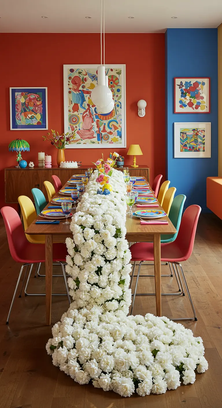 Mesa de comedor con un camino de flores blancas que cae en cascada hasta el suelo.