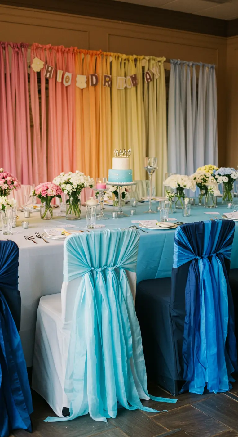 Sillas en una mesa de fiesta, cada una cubierta con tela de un tono de azul diferente, creando un efecto ombré.