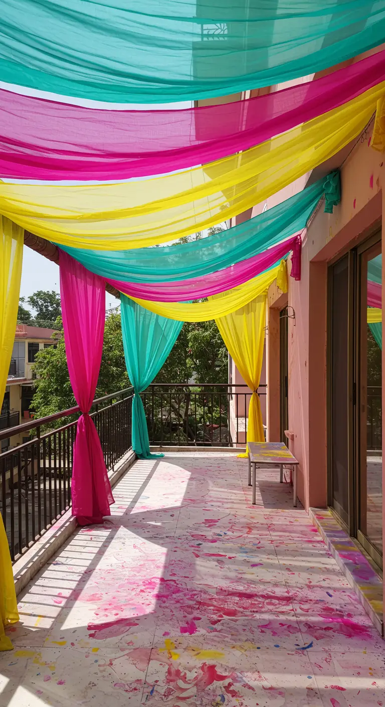 Techo de balcón cubierto con telas largas de colores fucsia, turquesa y amarillo.