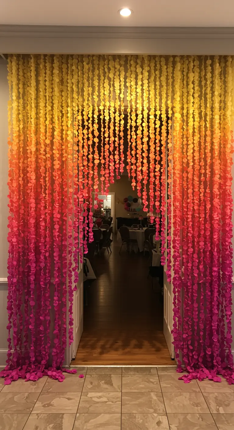 Cortina de puerta hecha con círculos de papel en degradado de amarillo a fucsia.