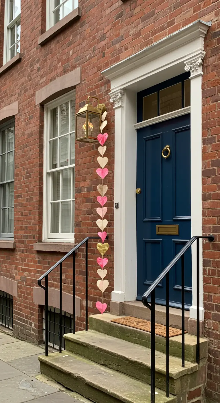 Guirnalda vertical de corazones de papel en tonos rosas y dorados junto a una puerta azul oscuro.
