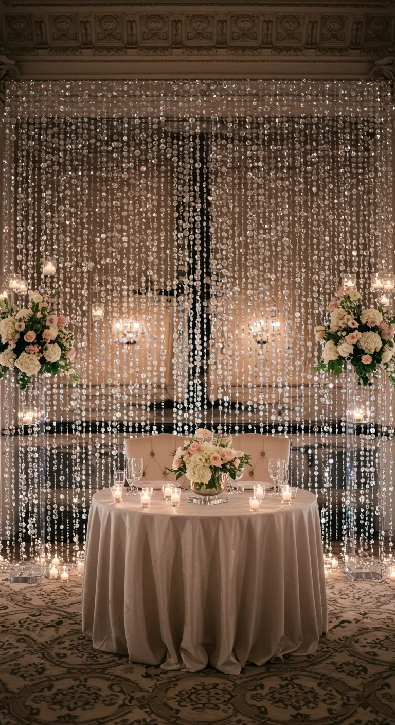 Mesa de boda íntima con una cortina de cristales colgantes como telón de fondo.