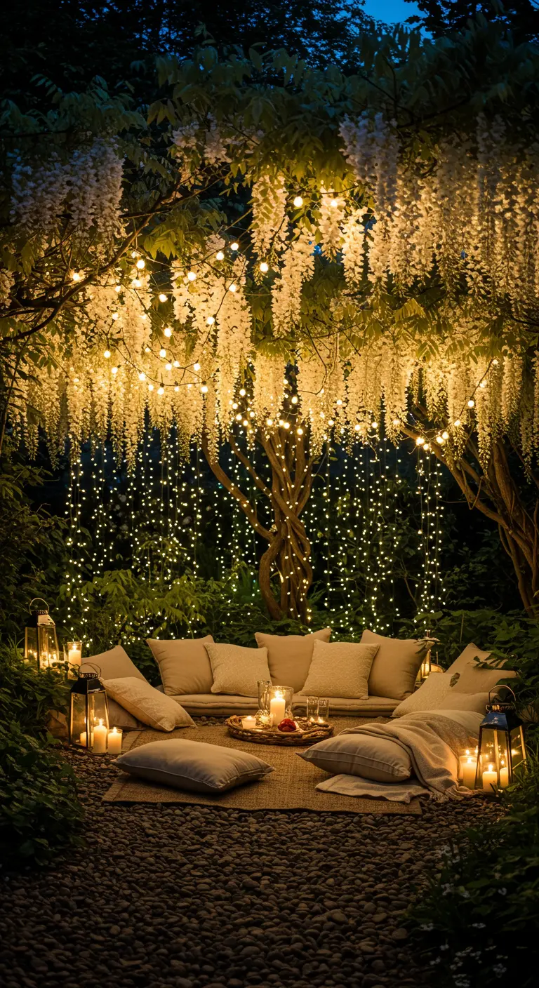 Rincón bohemio bajo un árbol en flor, con una cascada de luces de hadas y cojines en el suelo.
