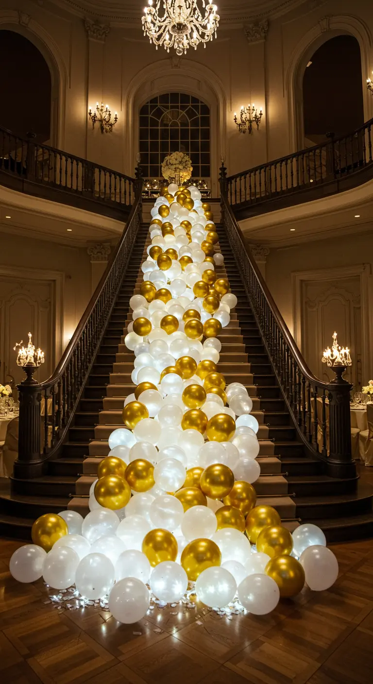 Una gran escalera cubierta con una cascada de globos blancos y dorados iluminados.