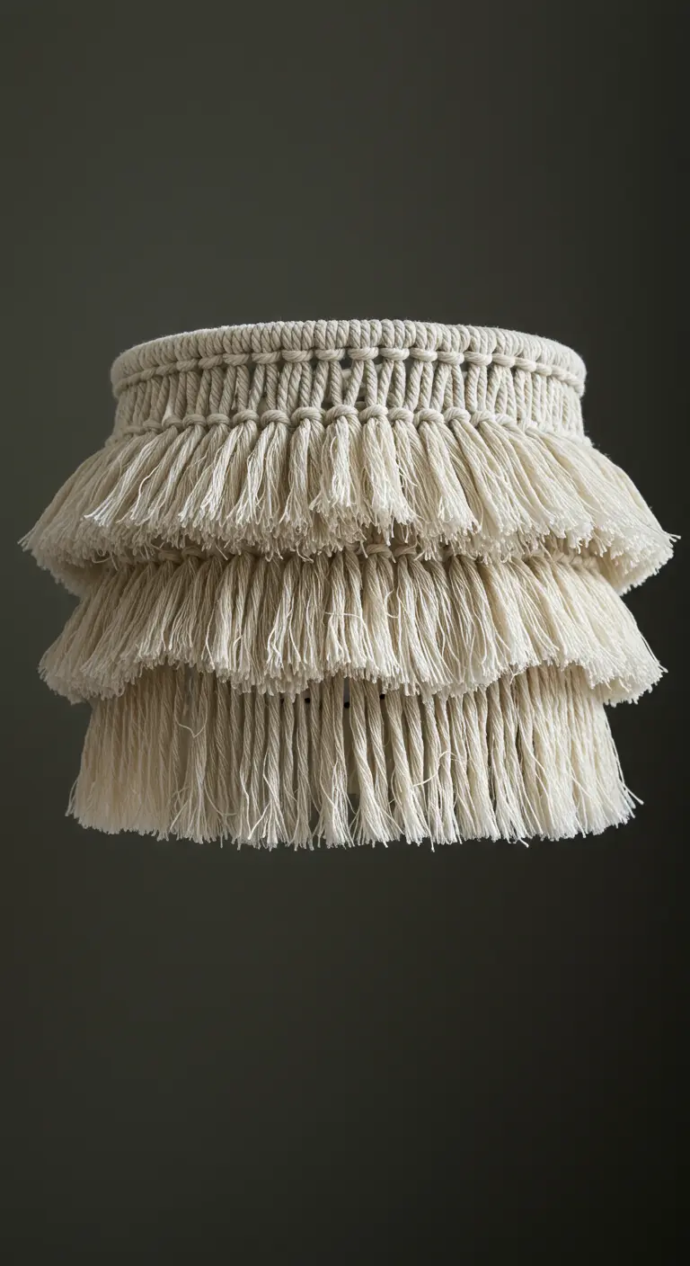 Pantalla de macramé con tres capas de flecos densos en color crudo.