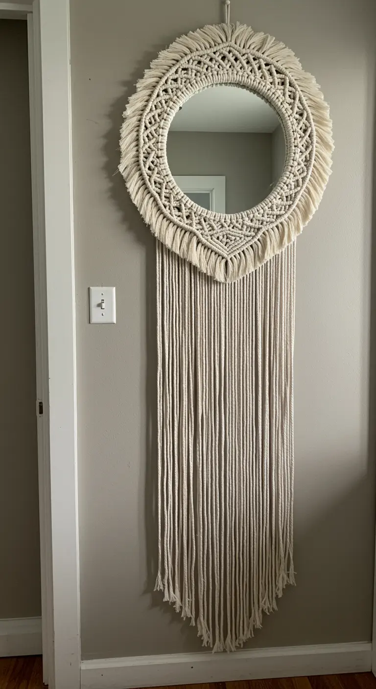 Espejo de macramé con flecos extra largos que caen hasta el suelo.