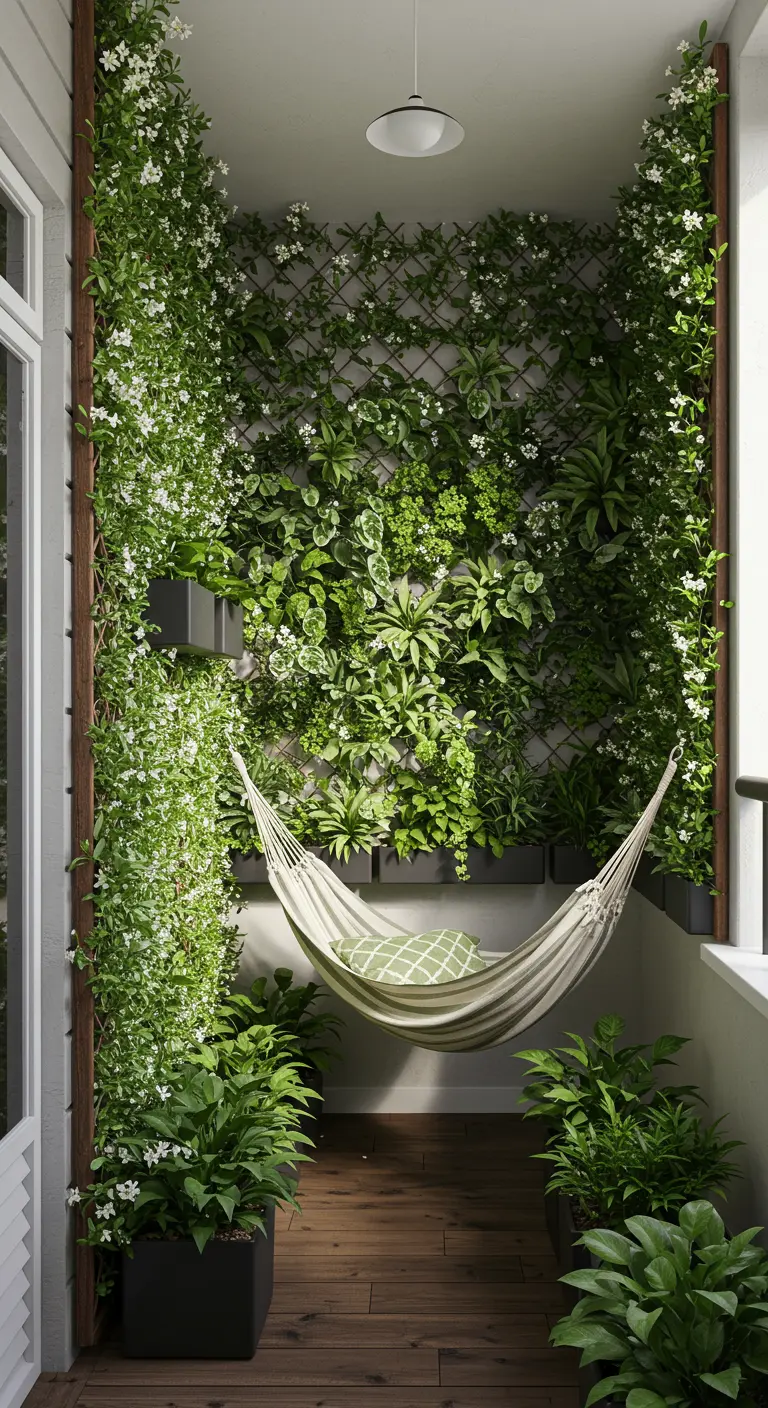 Balcón estrecho con un impresionante jardín vertical lleno de flores blancas como telón de fondo para una hamaca