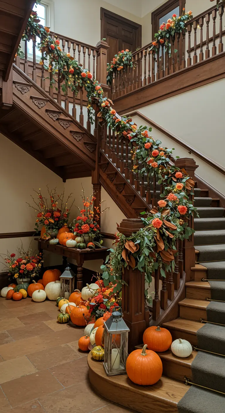 Escalera de madera señorial decorada con una guirnalda de flores y calabazas.