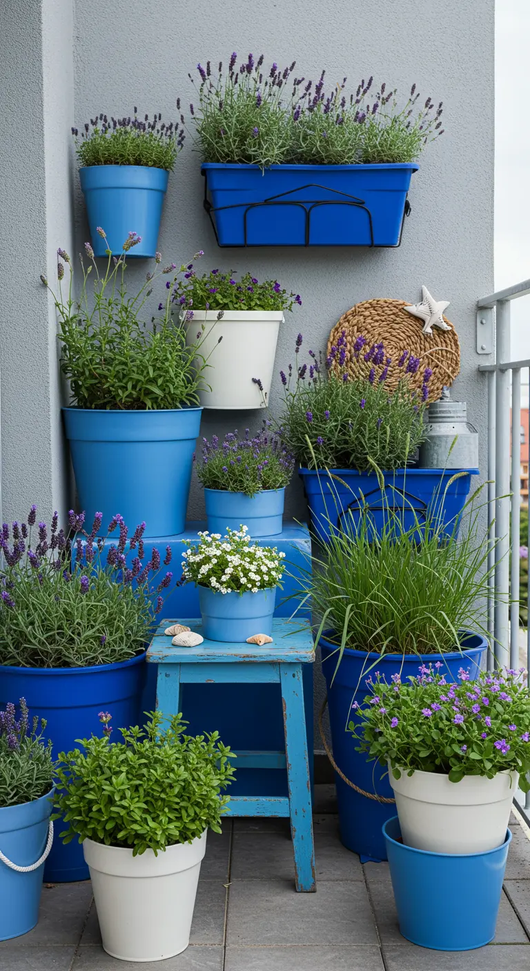 Rincón de balcón con macetas de varios tamaños pintadas de azul y blanco, llenas de lavanda.