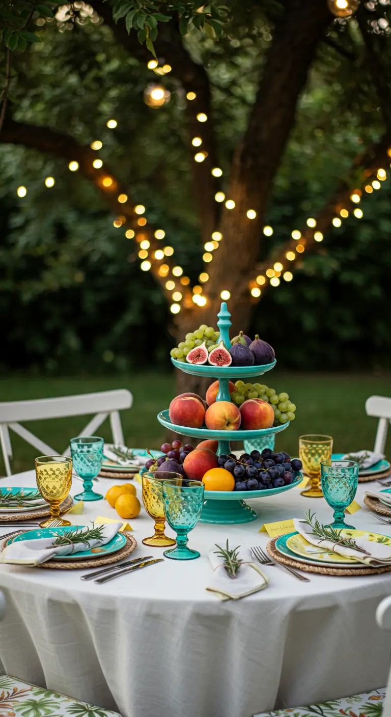 Mesa redonda en un jardín con un soporte de tres pisos lleno de frutas y luces colgando.