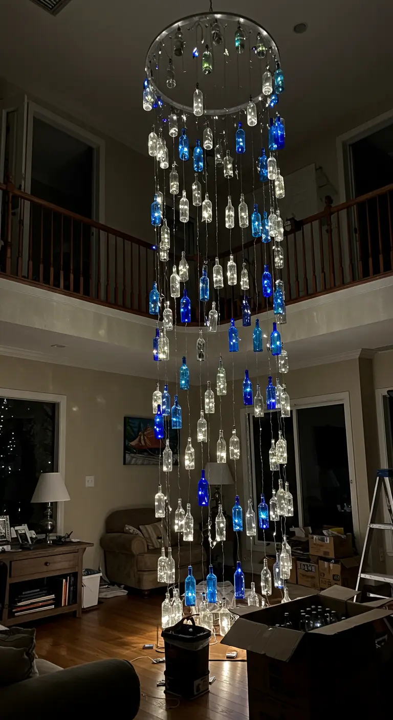 Gran lámpara de araña en cascada hecha con botellas transparentes y azules iluminadas con luces LED.