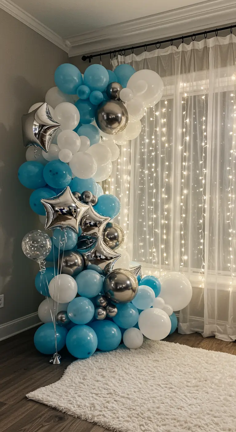 Torre de globos azules, blancos y plateados con estrellas y luces de hadas al fondo.