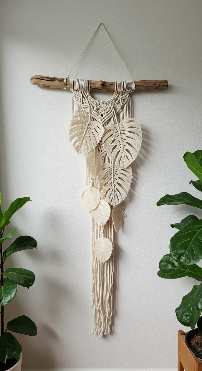 Tapiz de macramé blanco con hojas estilo monstera colgando de una rama natural