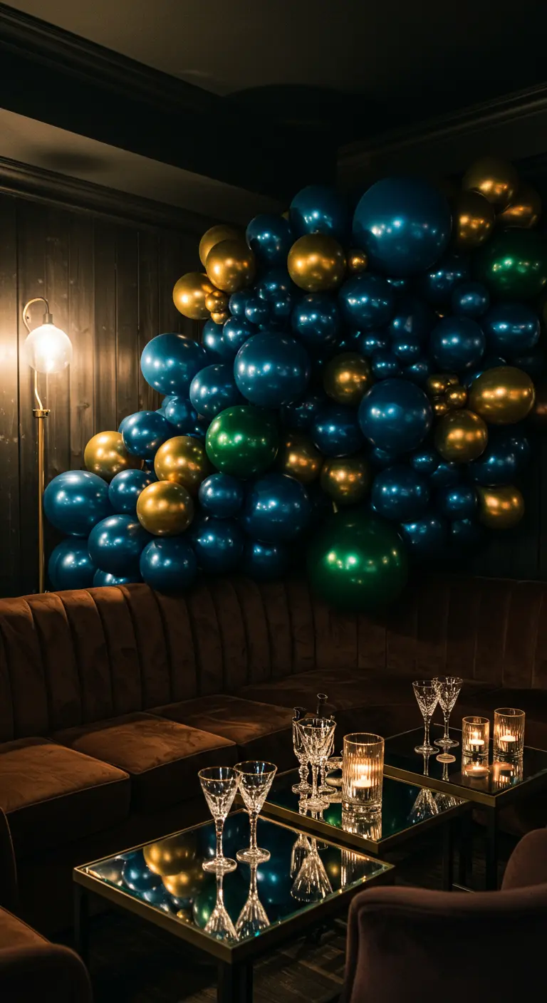Instalación de globos azules, verdes y dorados sobre un sofá de terciopelo.