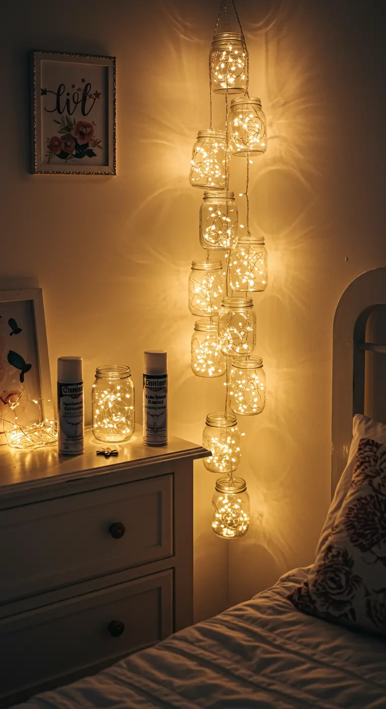 Una cascada de frascos de vidrio llenos de luces de hadas colgando junto a una cama.