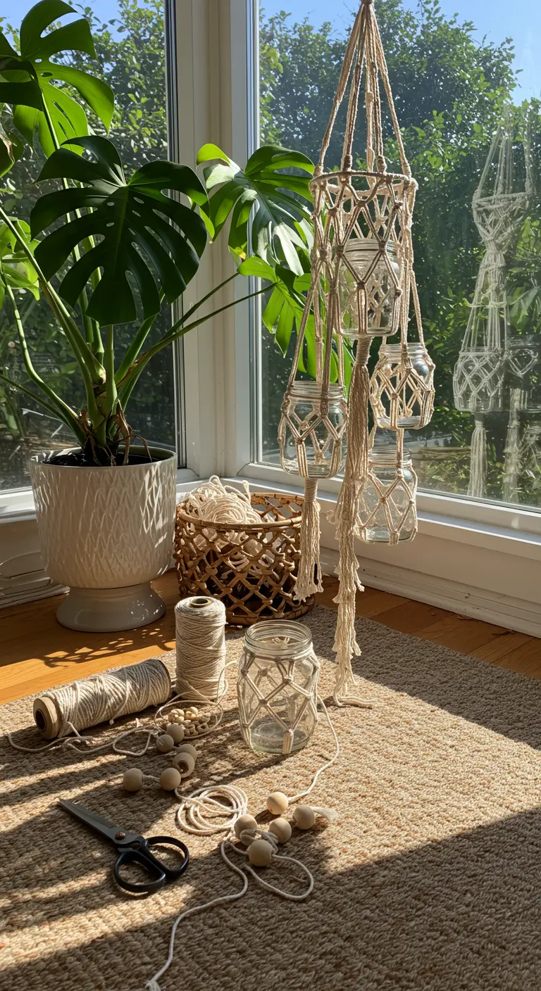 Lámpara colgante de varios niveles hecha con frascos de vidrio sostenidos por redes de macramé.