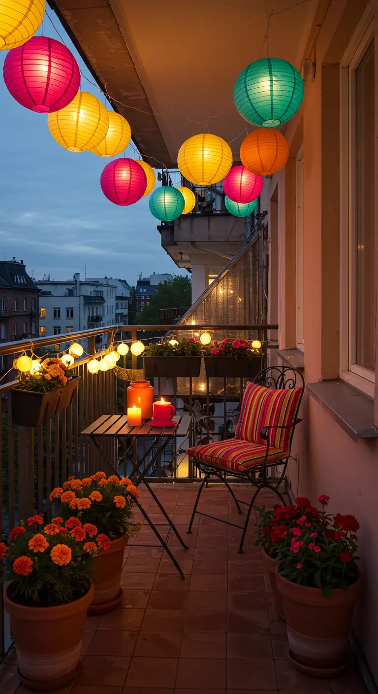 Balcón acogedor decorado con lámparas de papel de colores cálidos y una guirnalda de luces