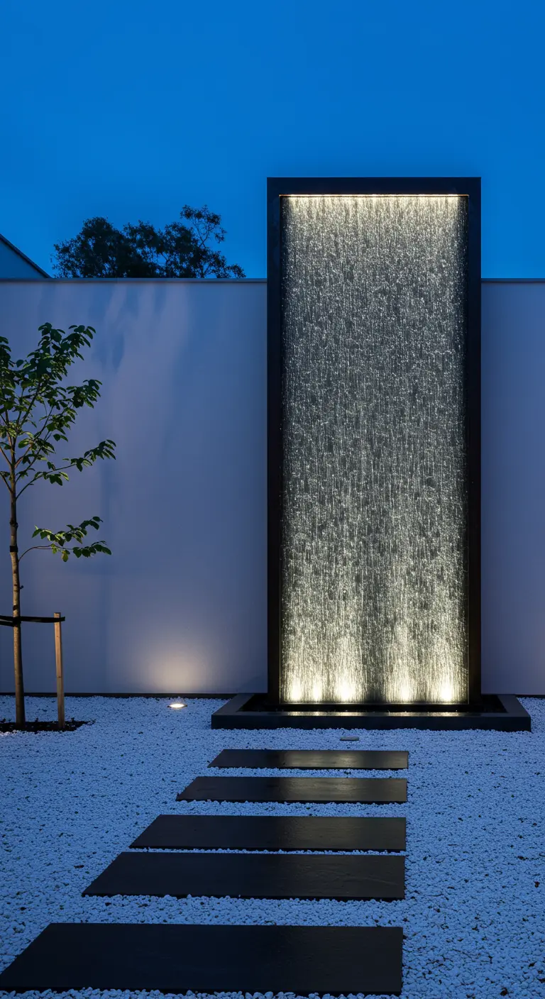 Fuente de pared moderna con efecto de cascada iluminada desde abajo en un jardín minimalista.