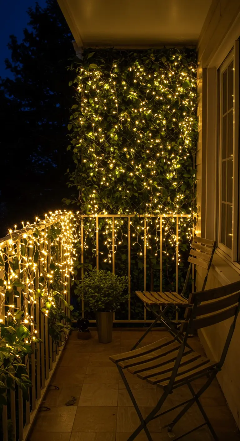Balcón envuelto en una cascada de guirnaldas de luces cálidas que cubren la pared y la barandilla.