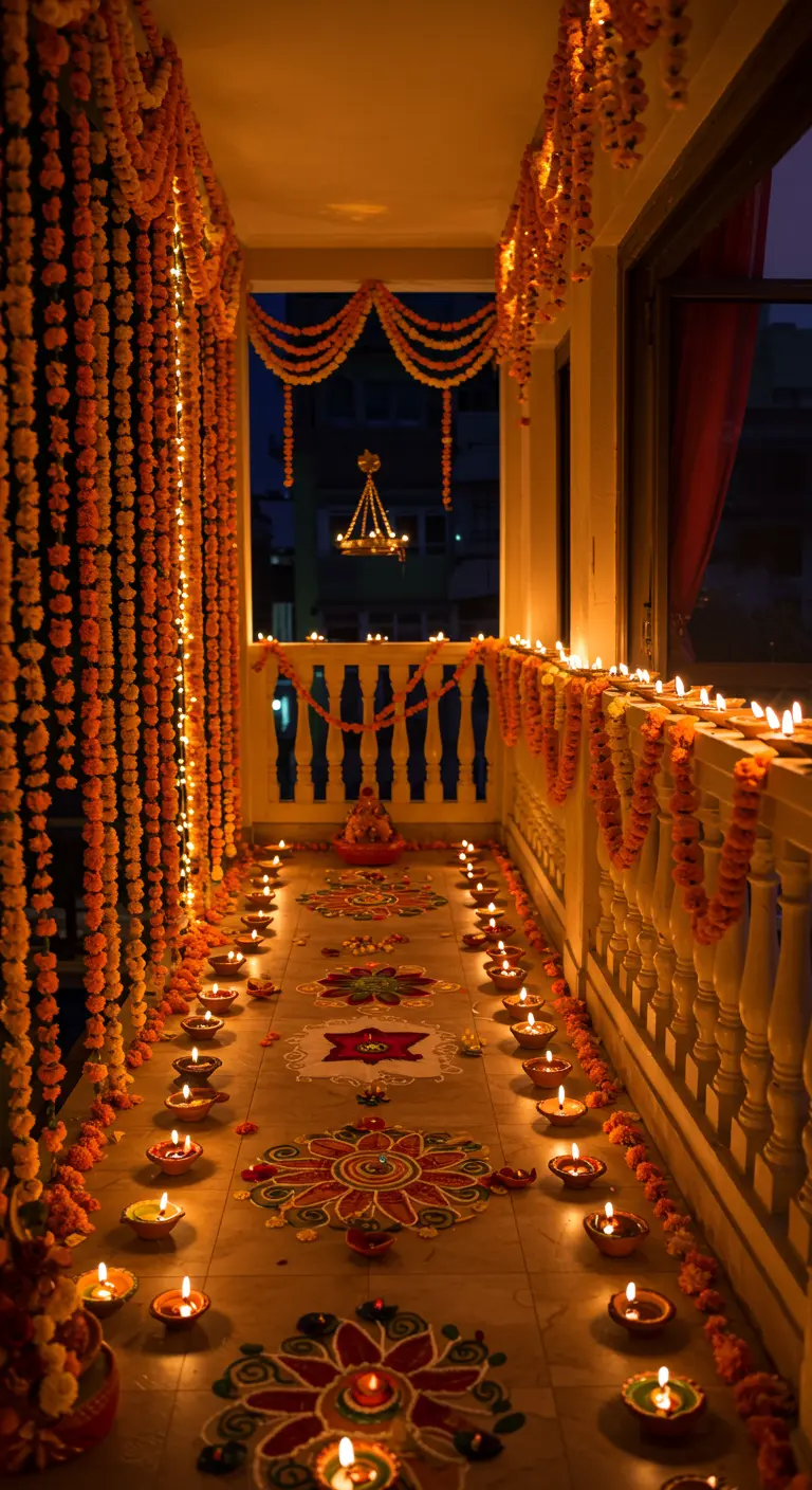 Balcón estrecho decorado para Diwali con guirnaldas de caléndulas y cientos de pequeñas velas.