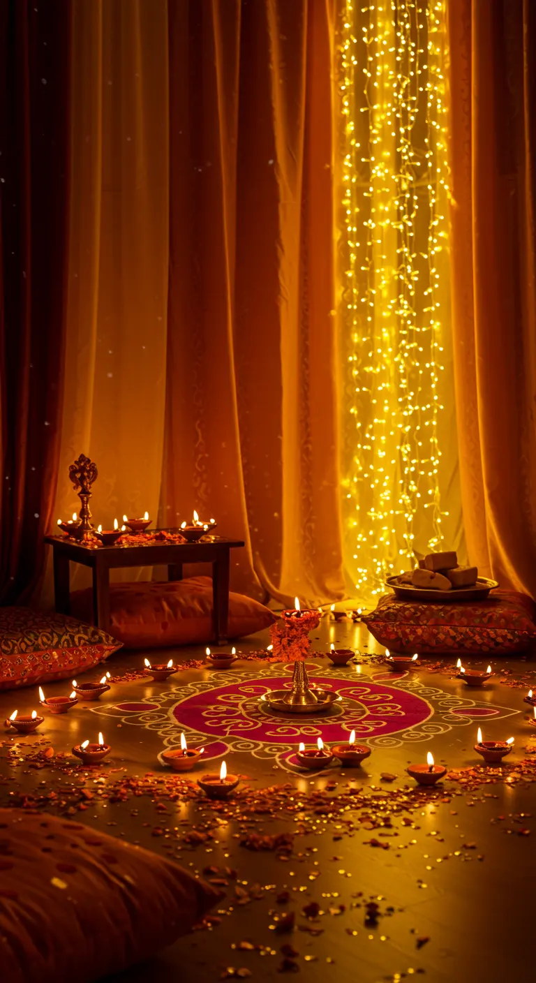 Celebración de Diwali con una cascada de luces, velas en el suelo y cojines cálidos.
