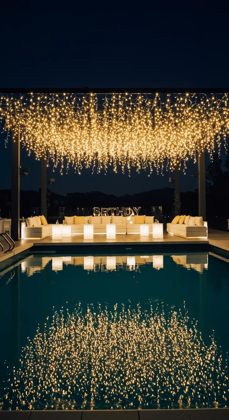 Piscina por la noche con una cortina de luces cálidas colgando sobre ella, reflejándose en el agua.