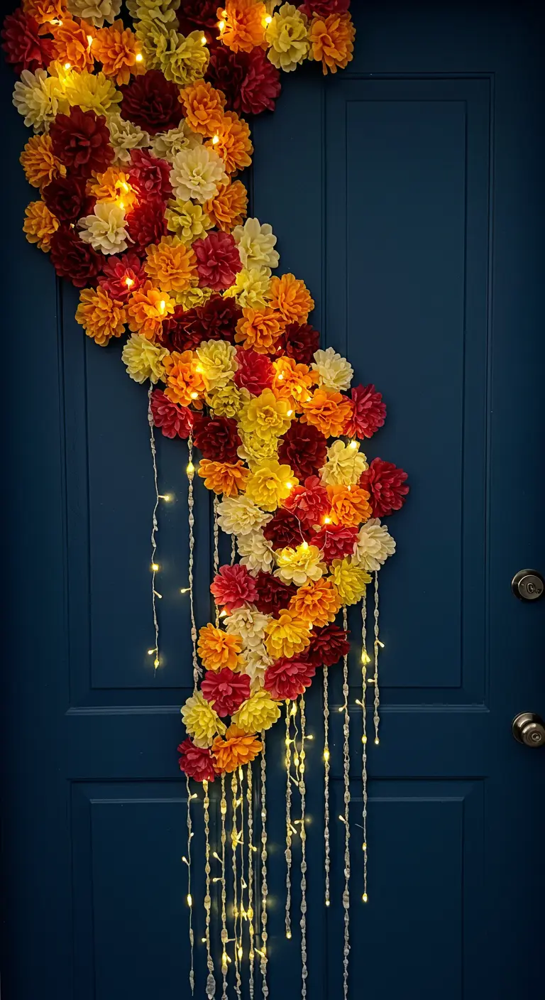 Guirnalda de flores en diagonal sobre una puerta azul, con luces LED colgando.