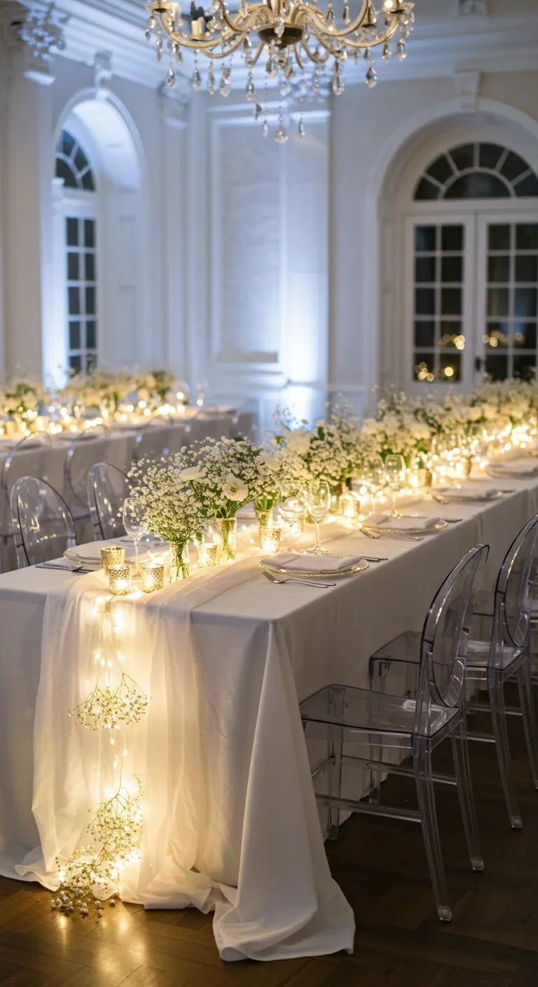 Mesa de gala blanca con un camino de tul iluminado con luces de hadas y decorado con paniculata.