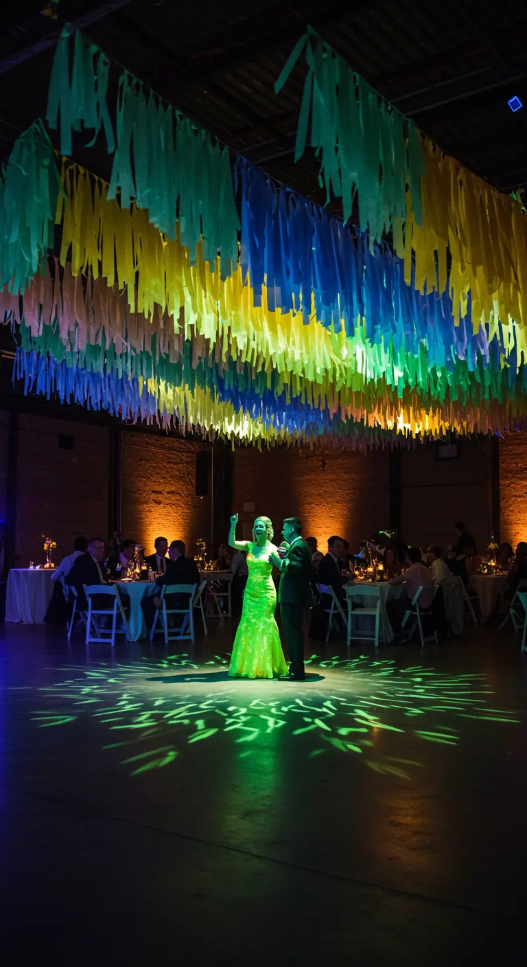 Techo de un salón de baile cubierto con miles de tiras de papel crepé de colores.