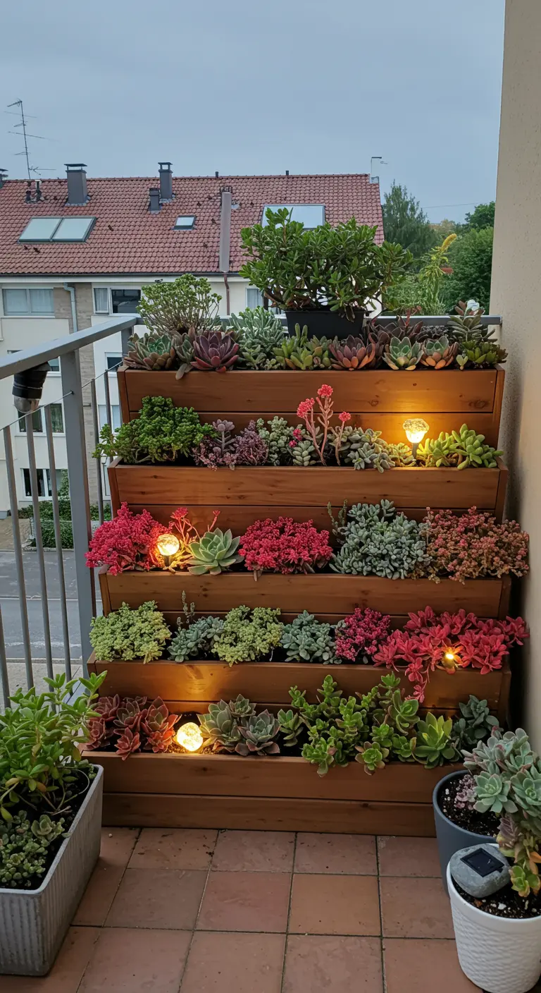 Jardinera de madera escalonada en un balcón, llena de suculentas de colores y pequeñas luces solares.