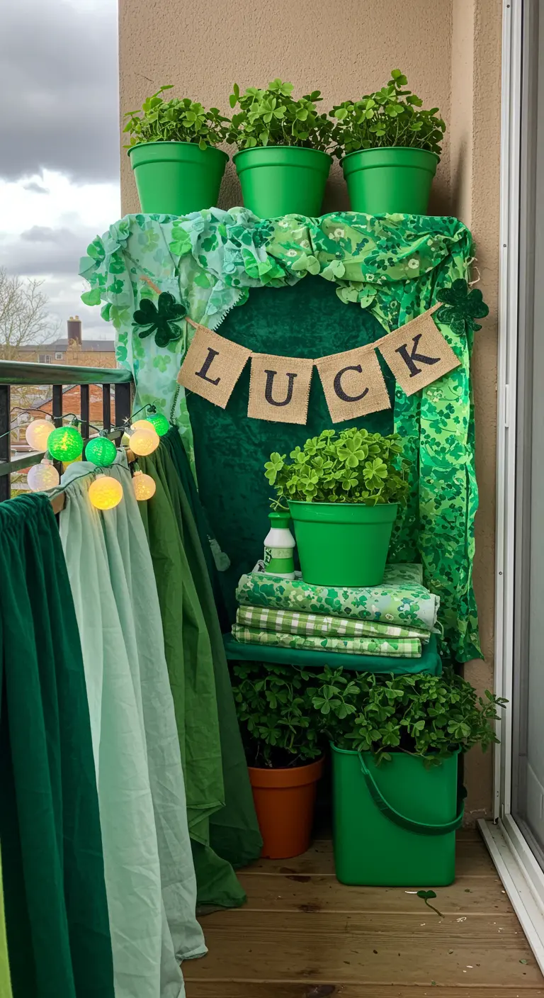 Rincón de balcón decorado para San Patricio con múltiples telas verdes y tréboles.