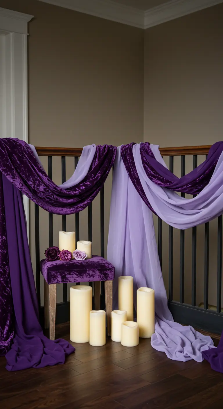 Telas de terciopelo y gasa en tonos morados sobre una barandilla, con velas blancas.
