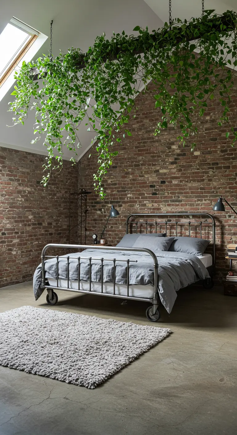 Dormitorio industrial con pared de ladrillo y una estructura con plantas colgantes sobre la cama.