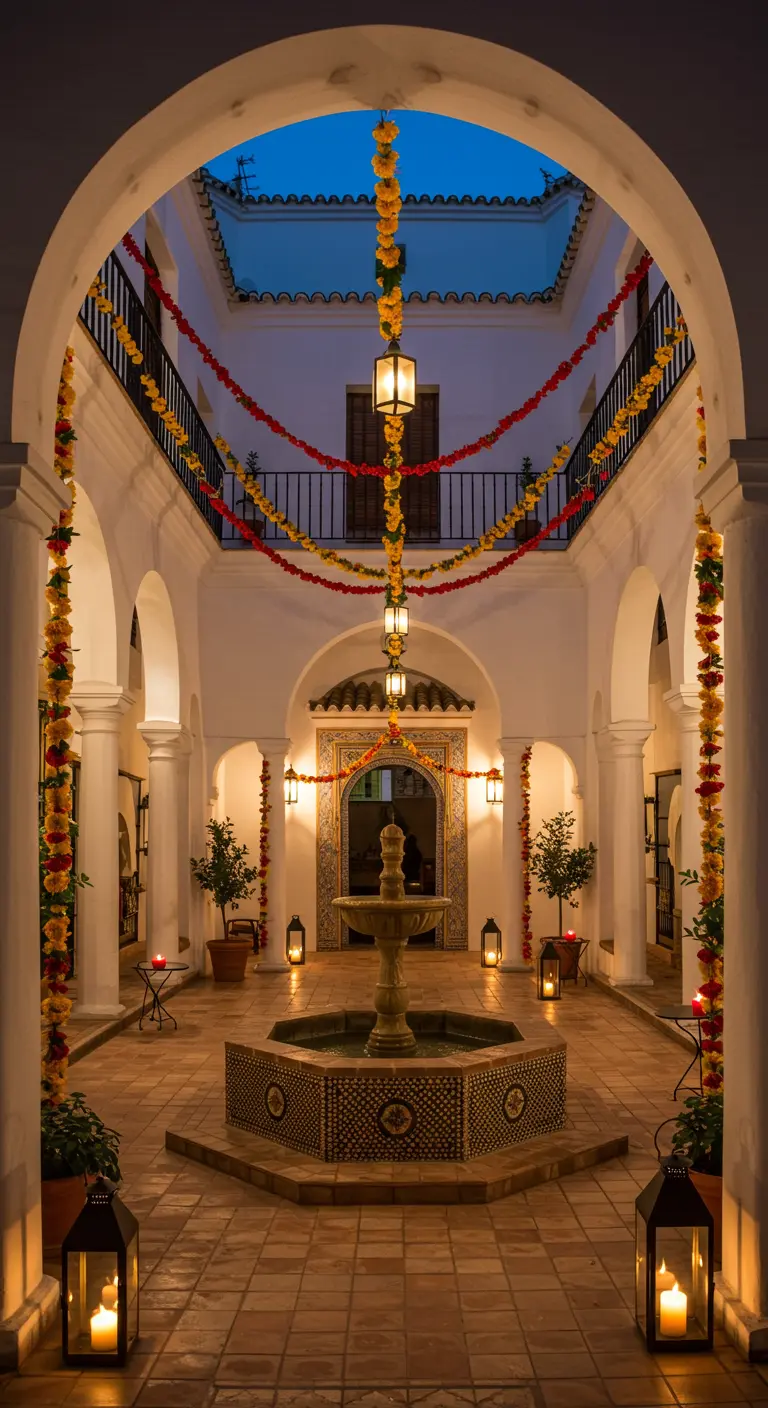 Patio andaluz con guirnaldas de flores amarillas y rojas colgando de los arcos.
