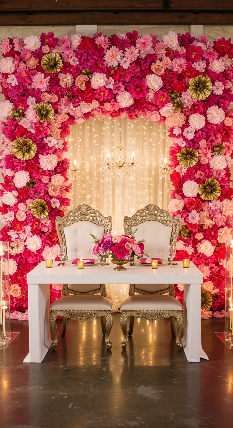 Mesa nupcial con un impresionante arco de flores de papel en tonos rosa y dorado detrás.