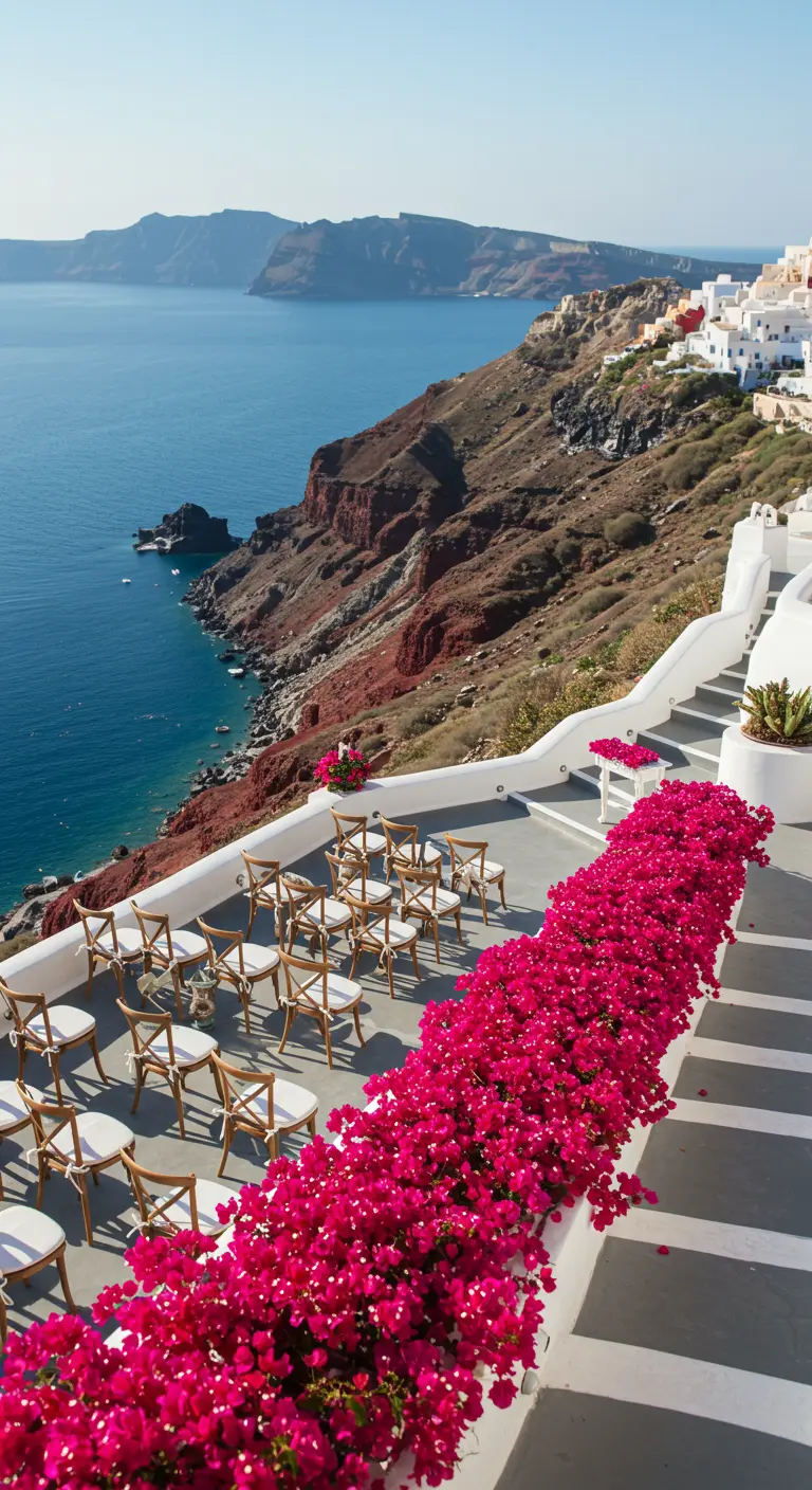 Escaleras en Santorini con una densa decoración de flores fucsia a modo de pasillo.