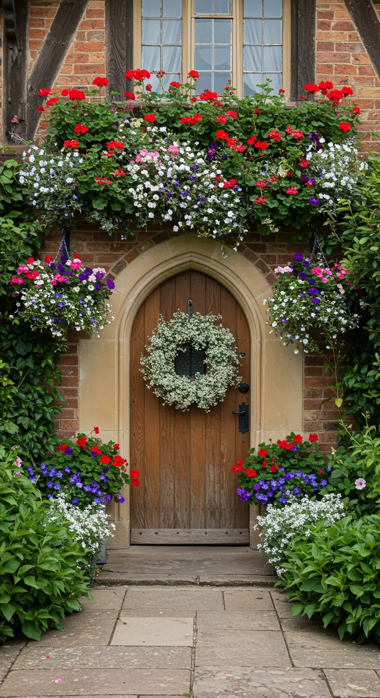 Puerta de madera con arco rodeada de una cascada de flores colgantes en rojo, rosa y morado