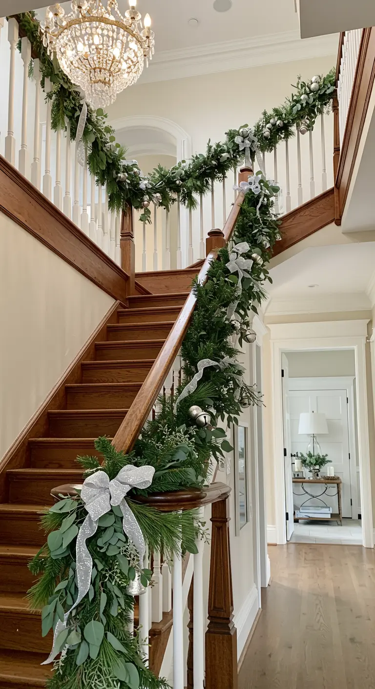 Escalera de madera con barandilla decorada con una guirnalda de pino y lazos plateados.