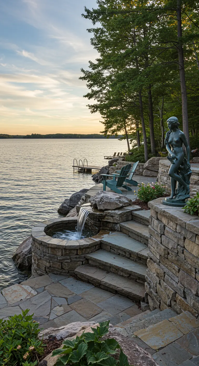 Terraza de piedra junto a un lago con una pequeña cascada, jacuzzi y una estatua.