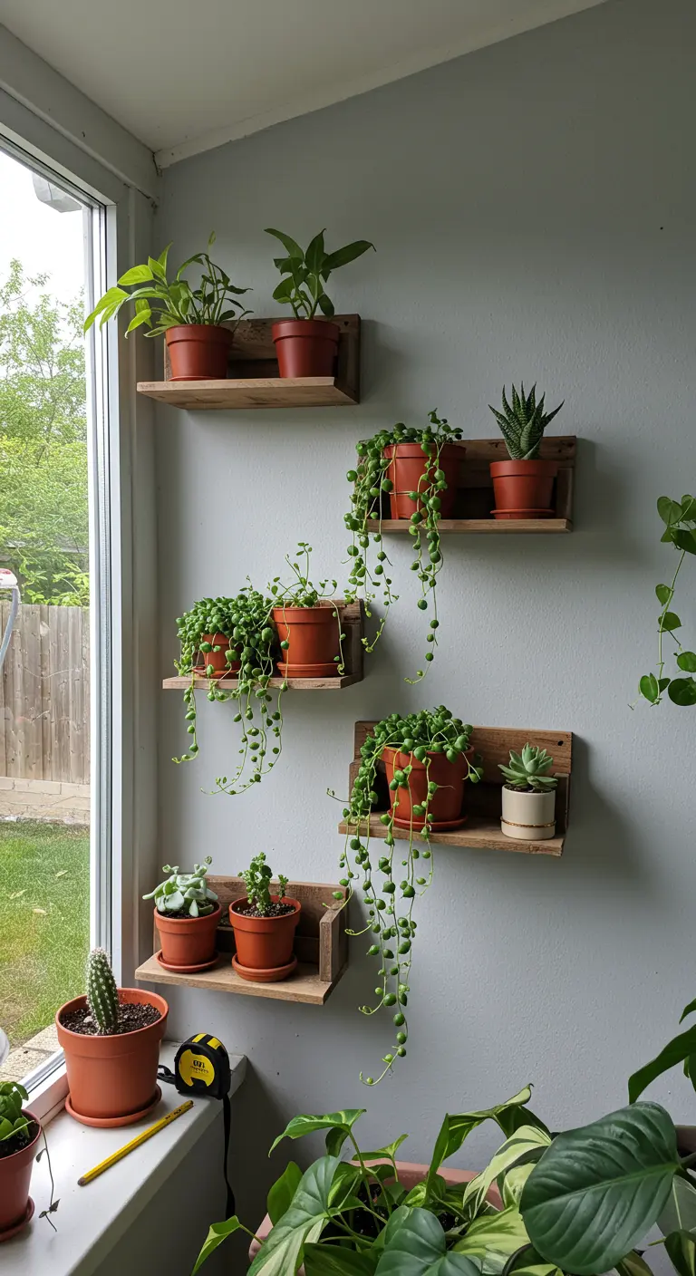 Varias estanterías de pared hechas con secciones de pallets, mostrando plantas colgantes.