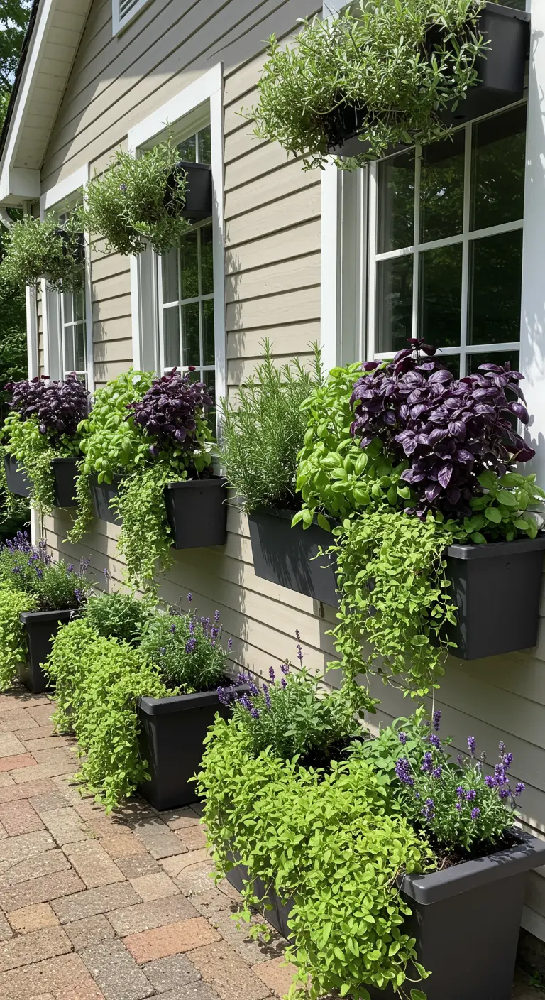 Fachada de una casa con múltiples jardineras en las ventanas llenas de hierbas aromáticas variadas