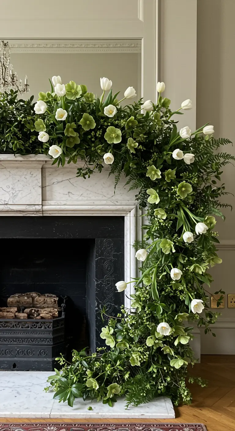 Repisa de chimenea de mármol con una guirnalda asimétrica de tulipanes blancos y follaje.