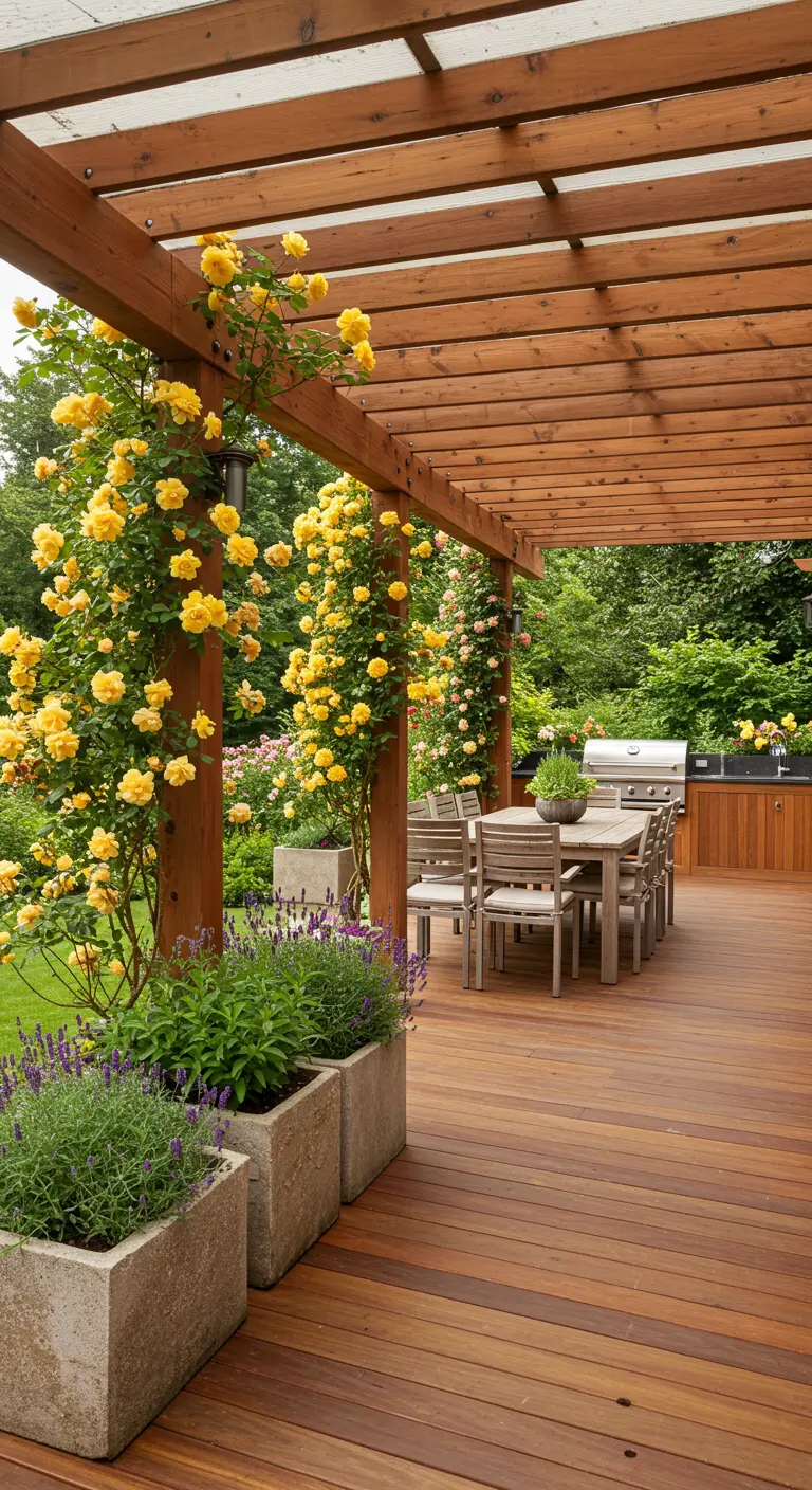 Pérgola de madera en una terraza con rosas amarillas trepadoras y jardineras de cemento con lavanda.