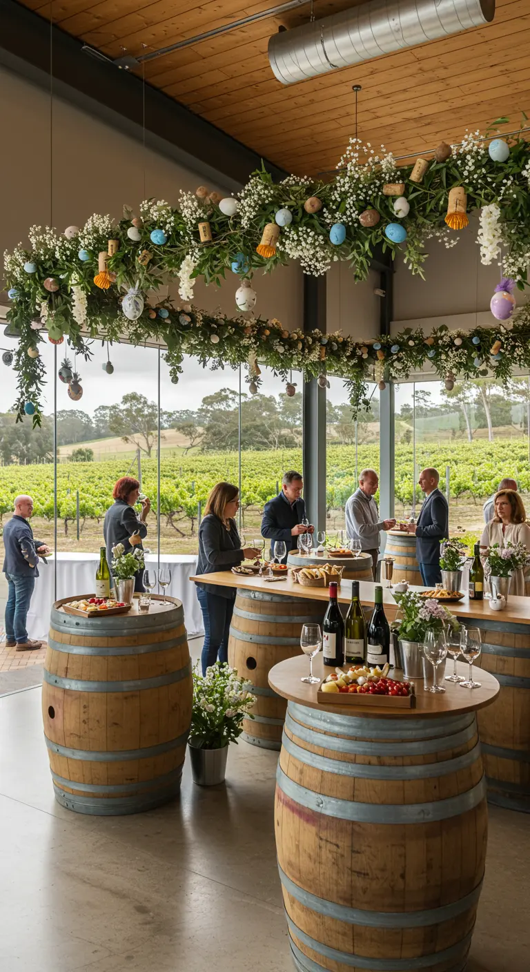 Bodega con mesas de barril y una guirnalda circular con flores y huevos de Pascua.