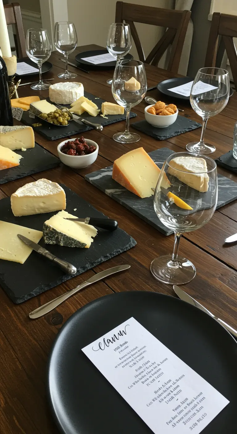 Mesa de madera con una selección de quesos servidos en platos de pizarra individuales.