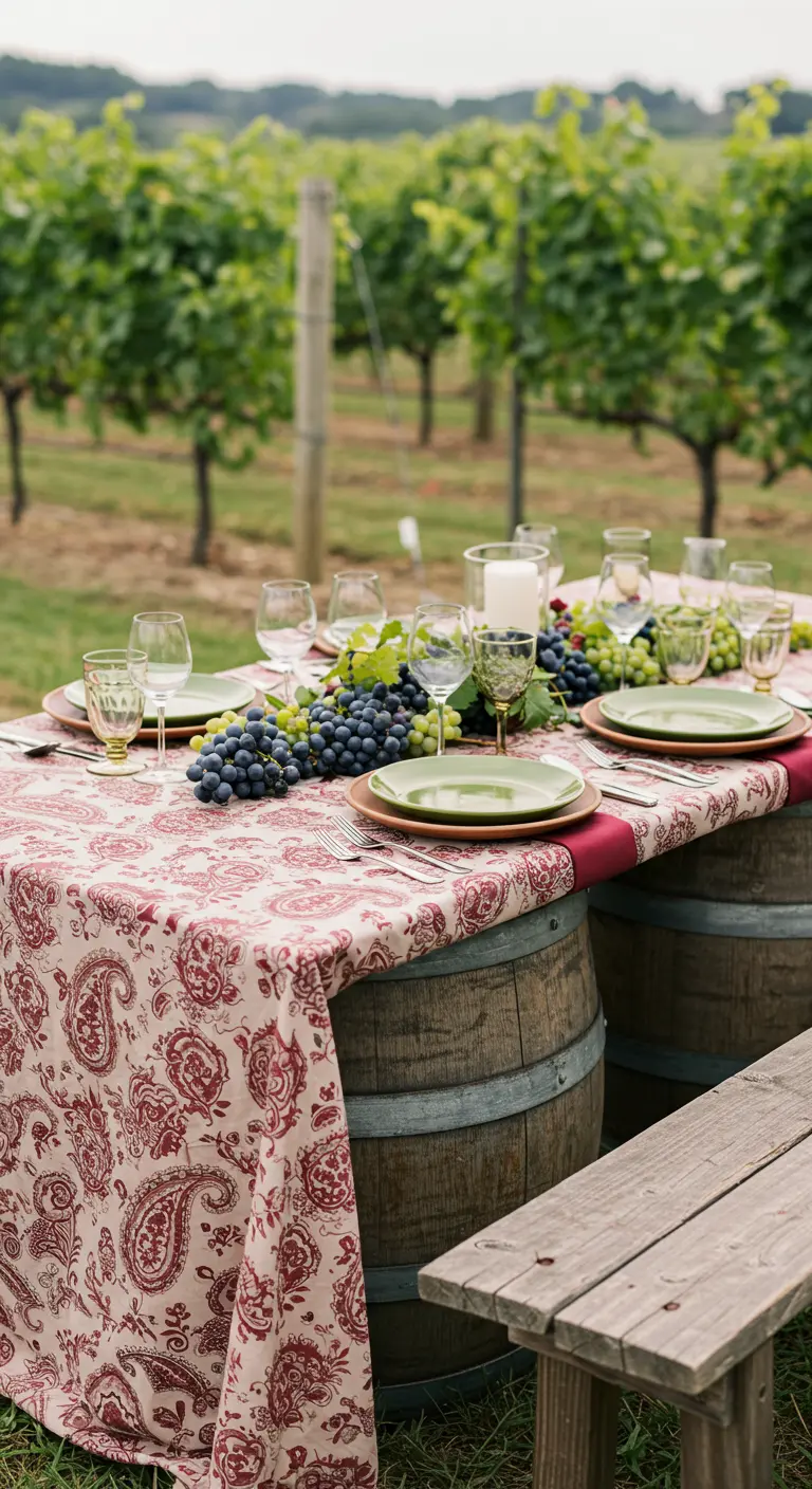 Mesa sobre barriles de vino en un viñedo, con mantel de estampado paisley.