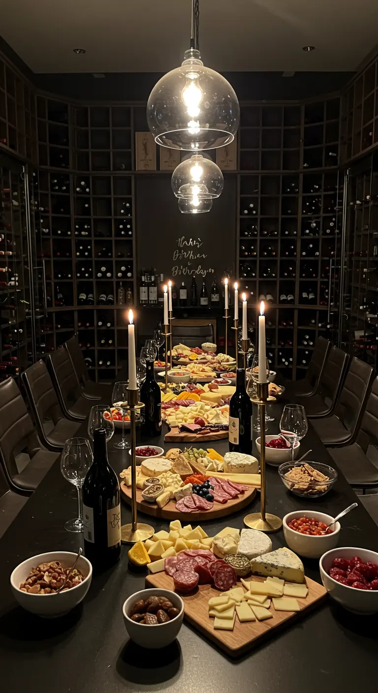 Mesa larga y oscura con tablas de quesos y embutidos, iluminada por altos candelabros dorados.
