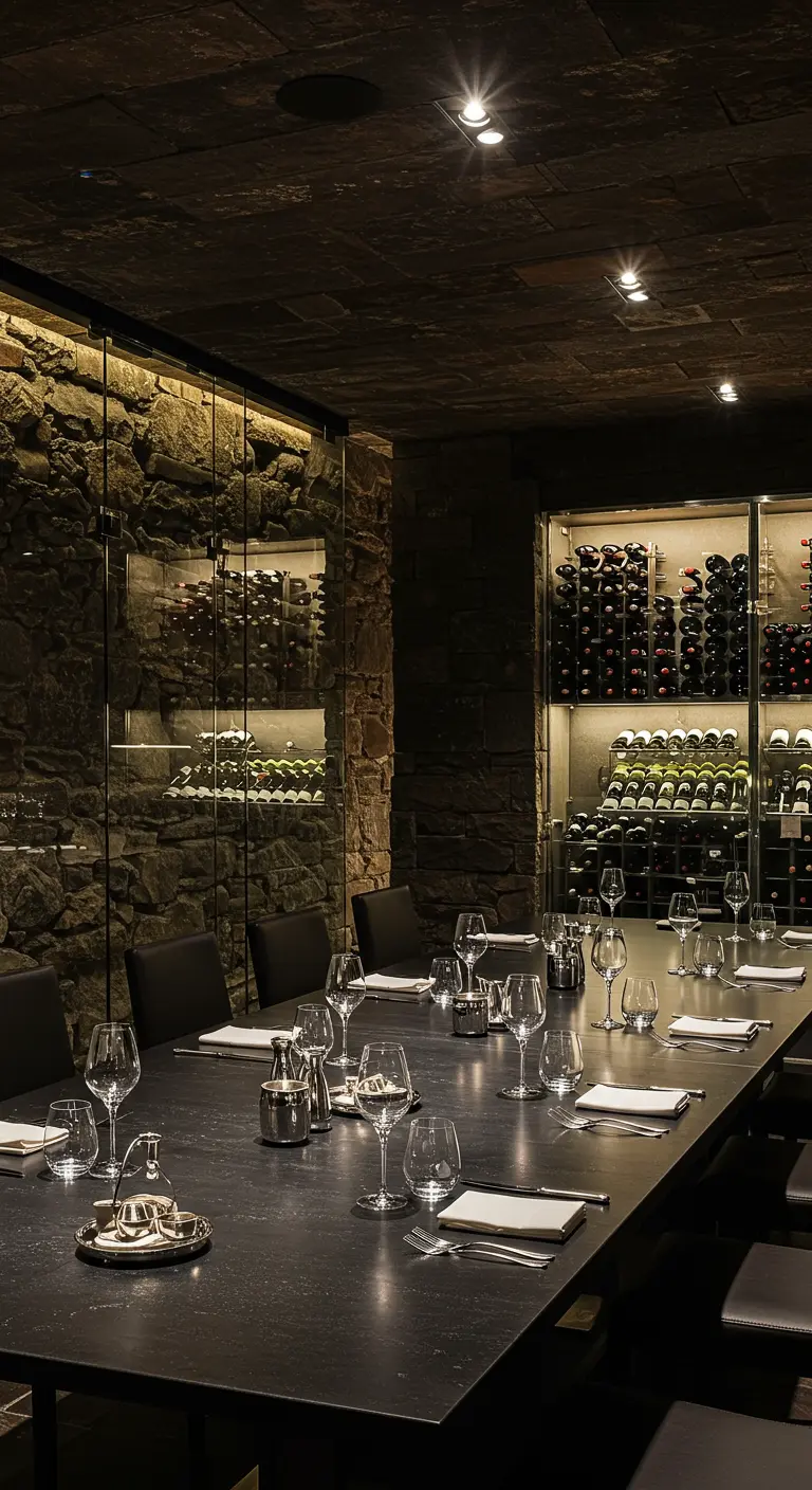 Comedor elegante dentro de una bodega con paredes de piedra y vitrinas de vino.